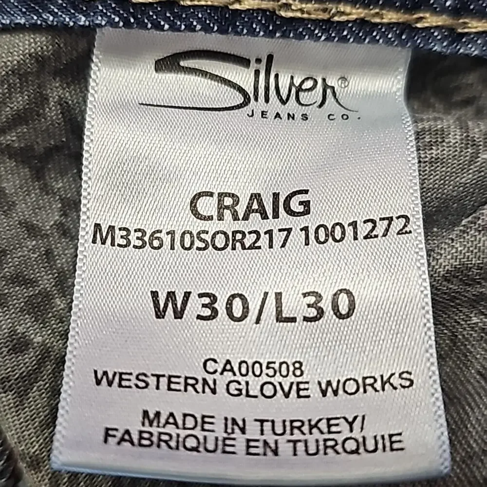 Silver Craig EMC Jeans Mens W 30 L 30 Dark Blue Distressed Stitch Detail EUC